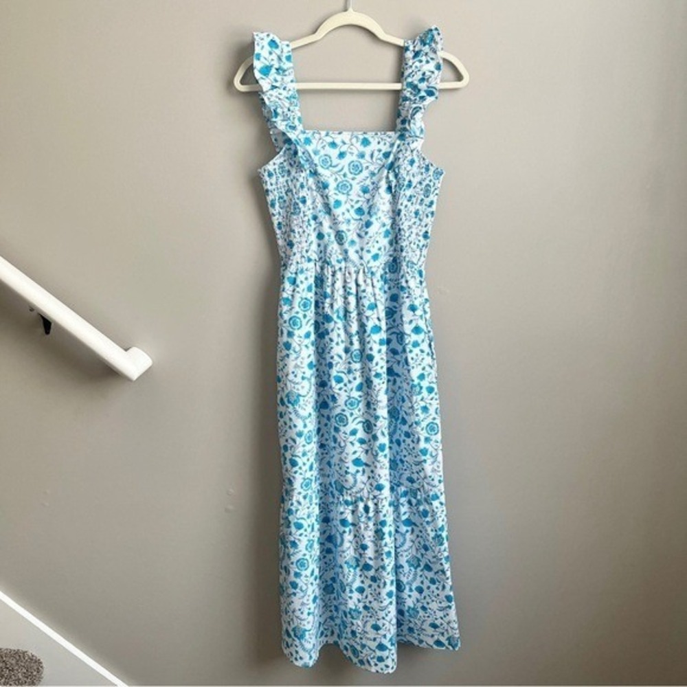 Draper James Dress Women's Small White Blue Paisley Preppy Midi Ruffle Smocking